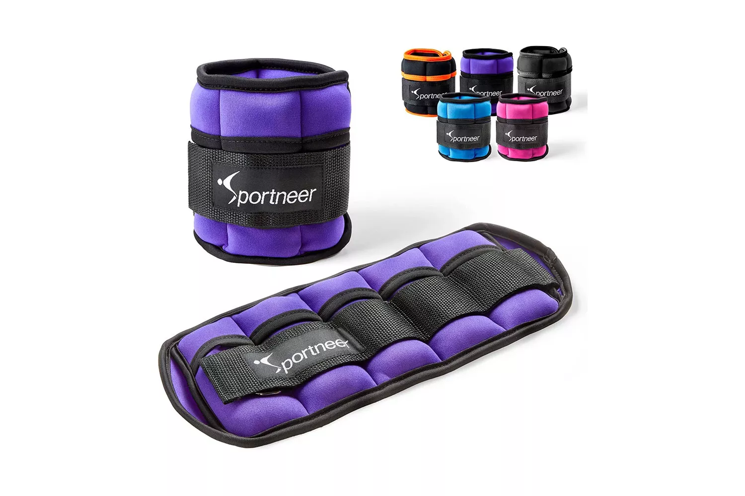 Multiple Sportneer adjustable ankle weights in different colors displayed on a plain background.