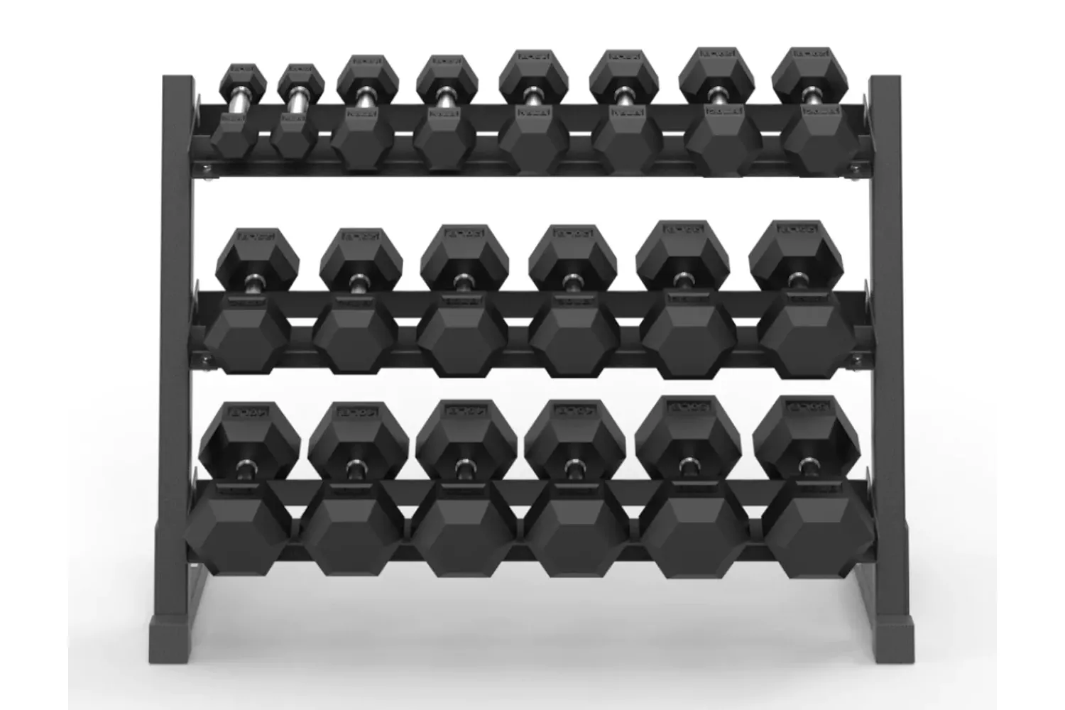A three-tier rack filled with various sizes of hexagonal dumbbells.