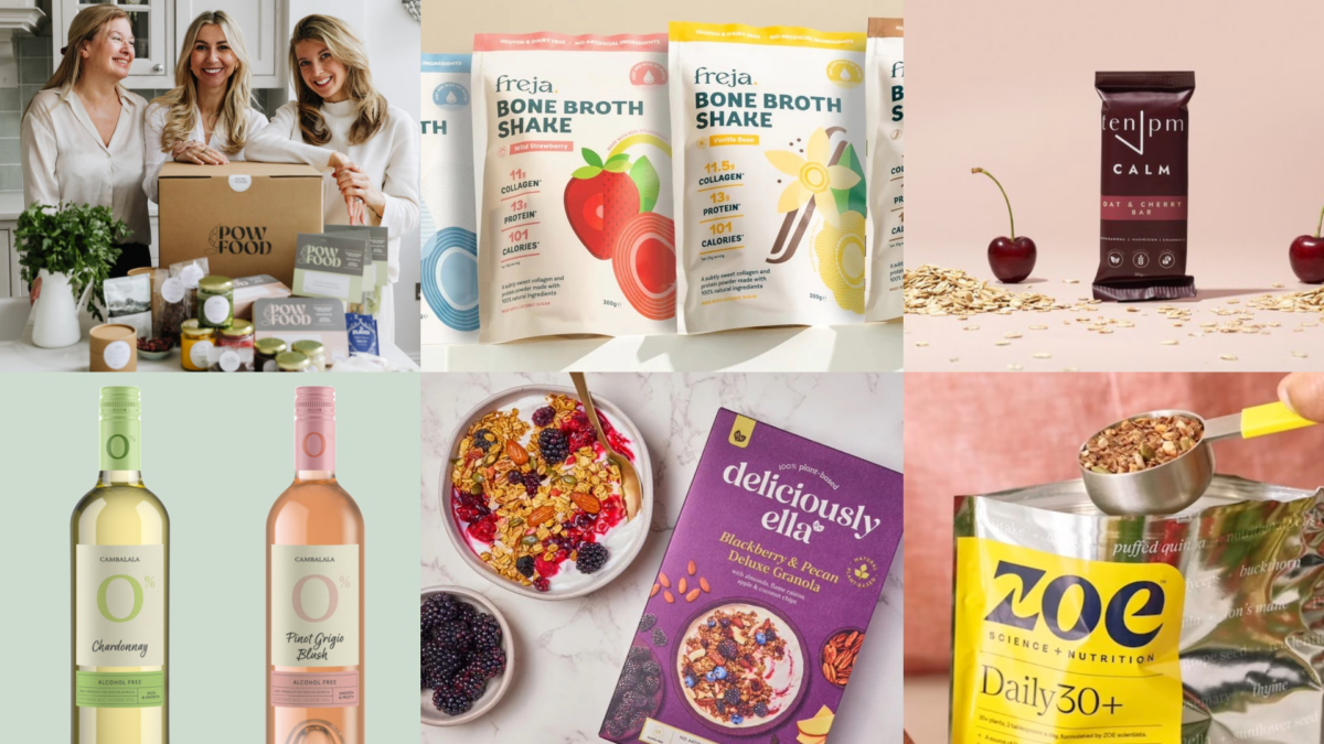 Assorted wellness food products and functional snacks representing new industry launches.