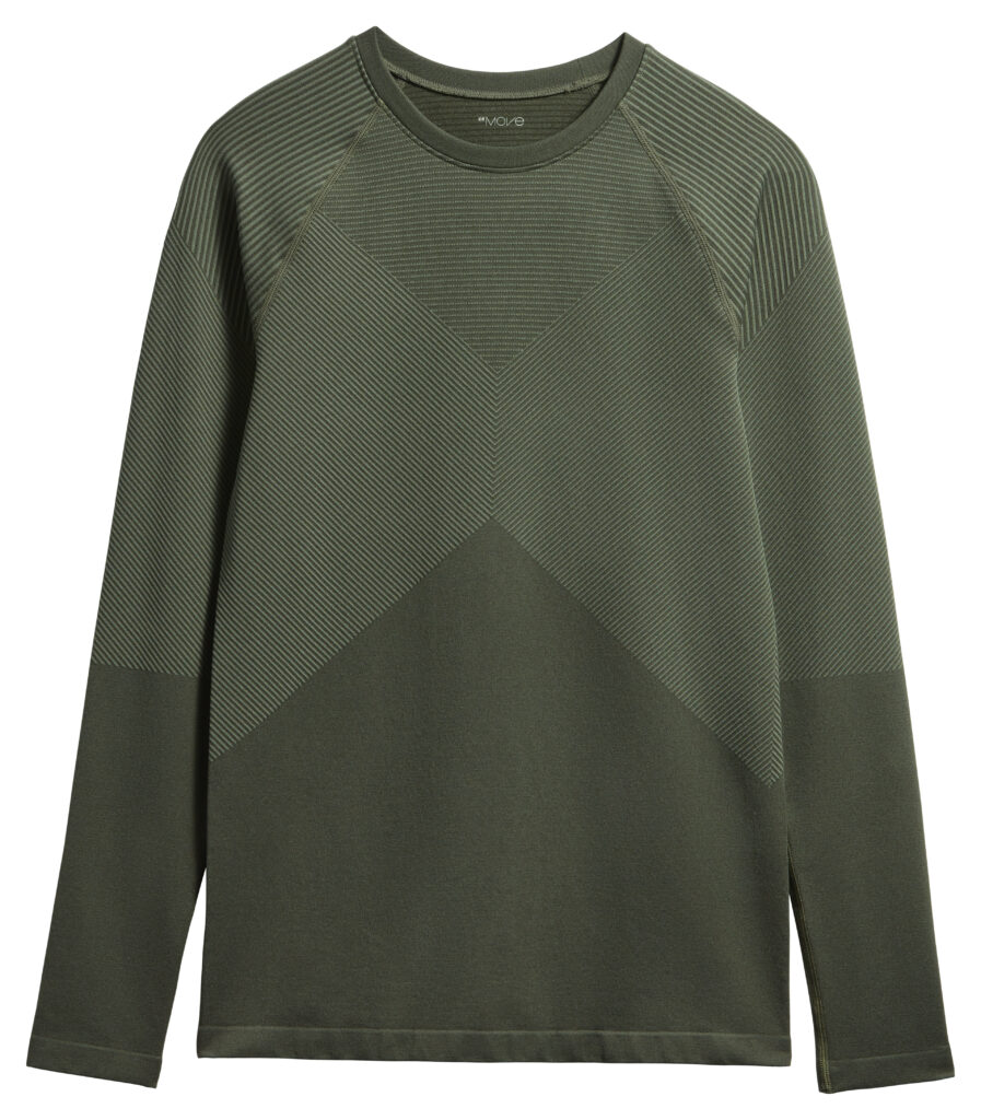 A woman wearing a grey seamless long-sleeve athletic base layer top.