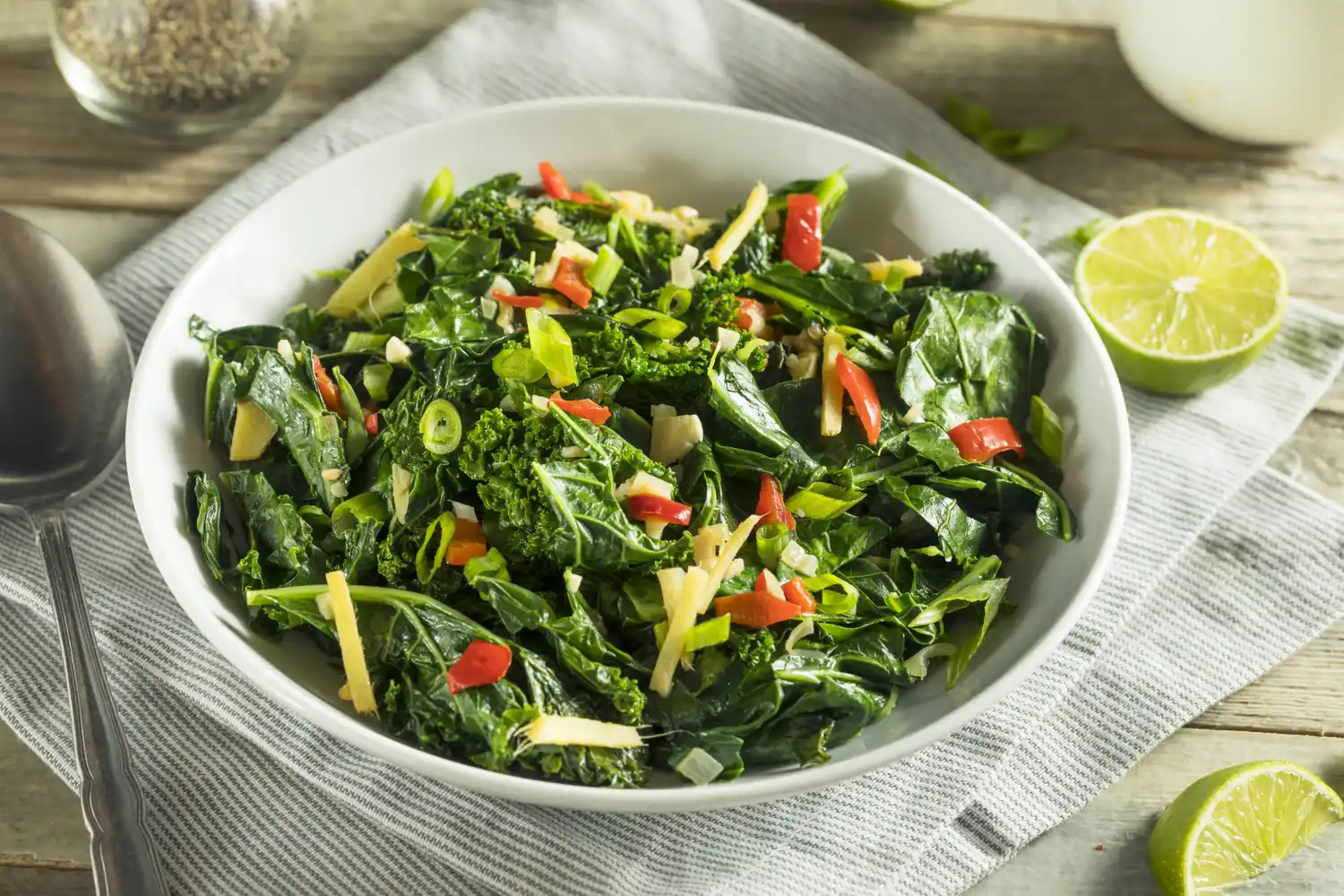 A portion of cooked collard greens.