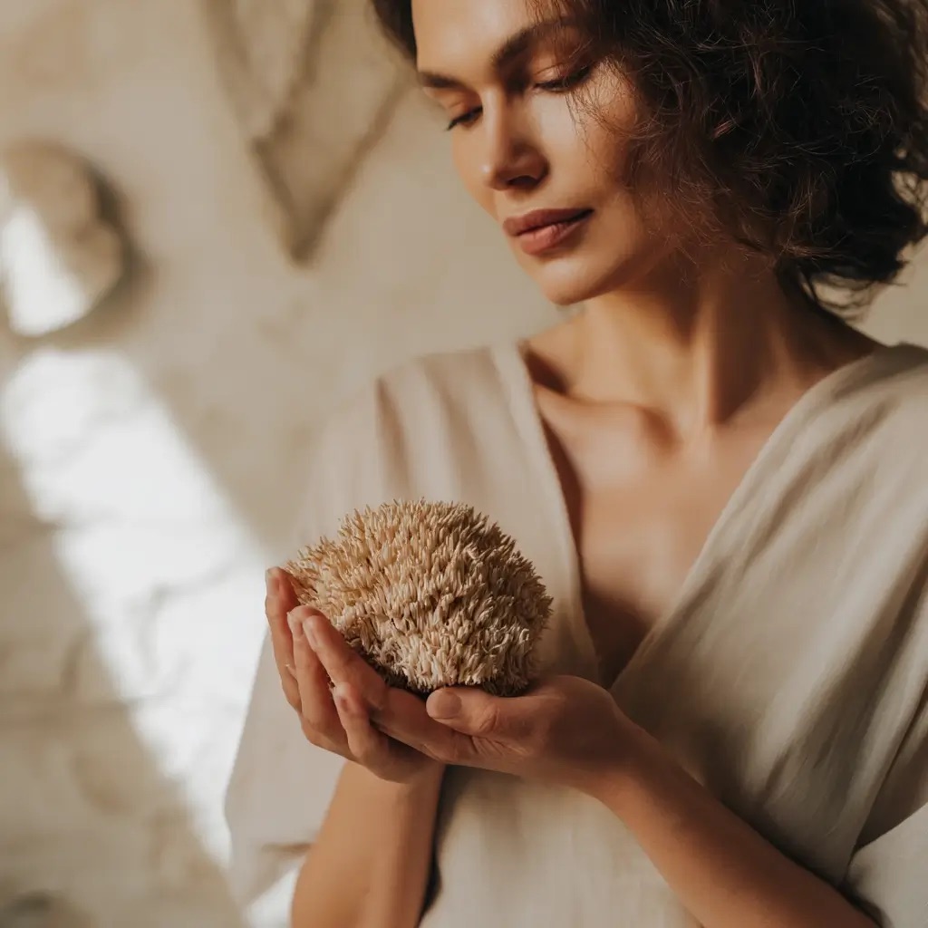 Display of medicinal mushrooms such as Reishi and high-quality probiotic supplements.