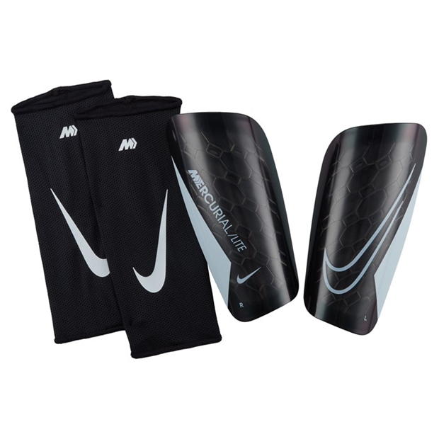 A pair of blue and white Nike Mercurial Lite shin guards.