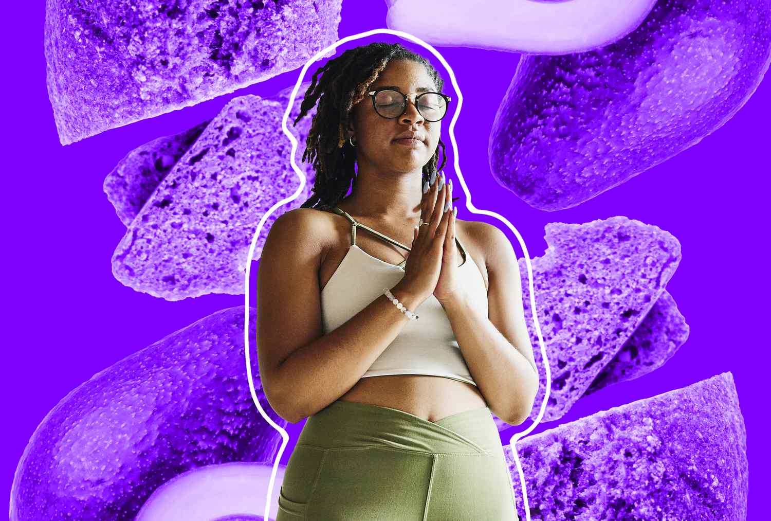 A woman meditating with a background of sliced bread, representing the HPA axis and nutritional balance.