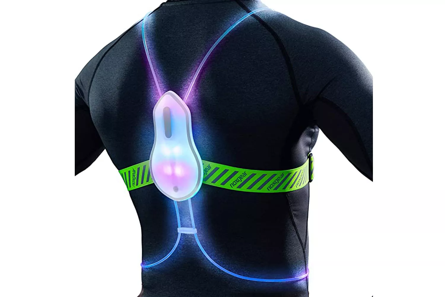 Back view of a person wearing a Noxgear fiber optic safety vest glowing in the dark.