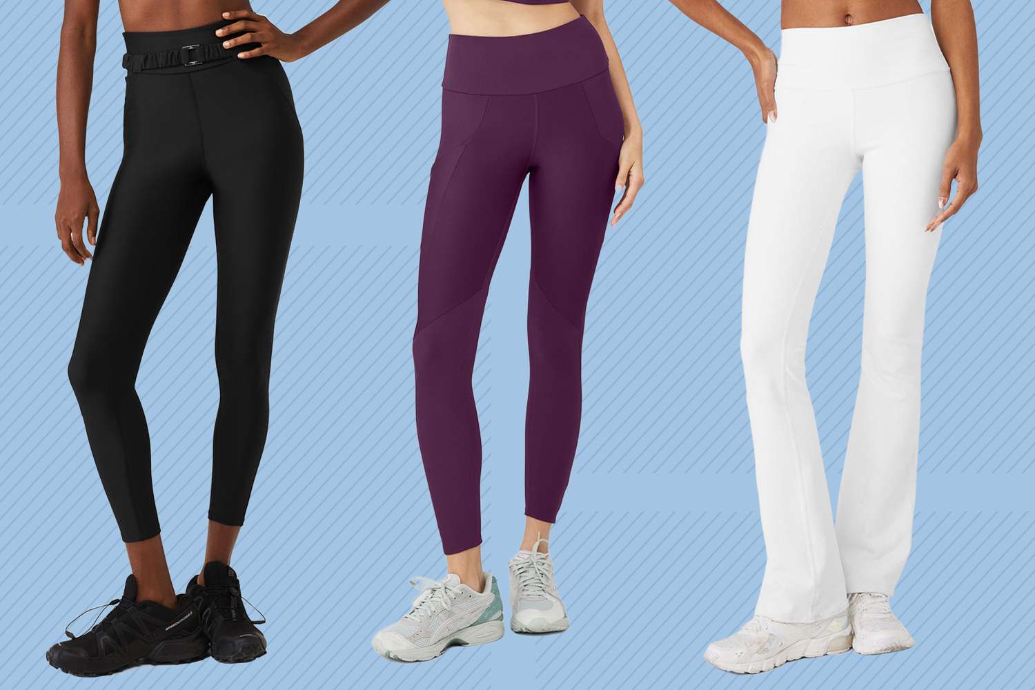 Three models wearing diverse styles of athletic leggings in black, purple, and white against a blue background.