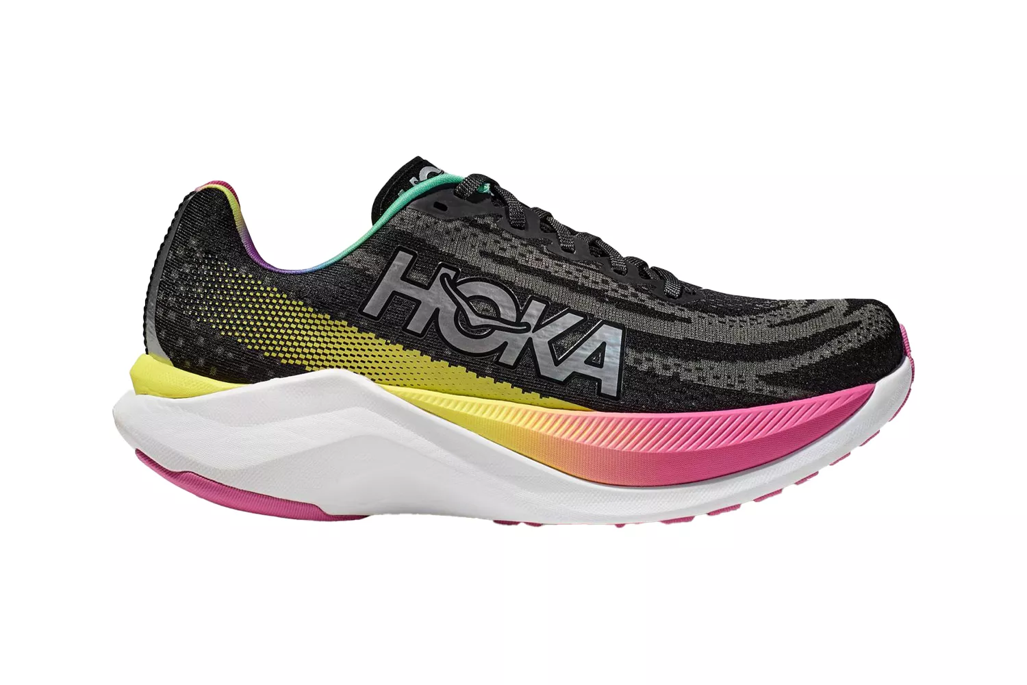 Side profile of a colorful Hoka Mach X running shoe with a gradient sole design.