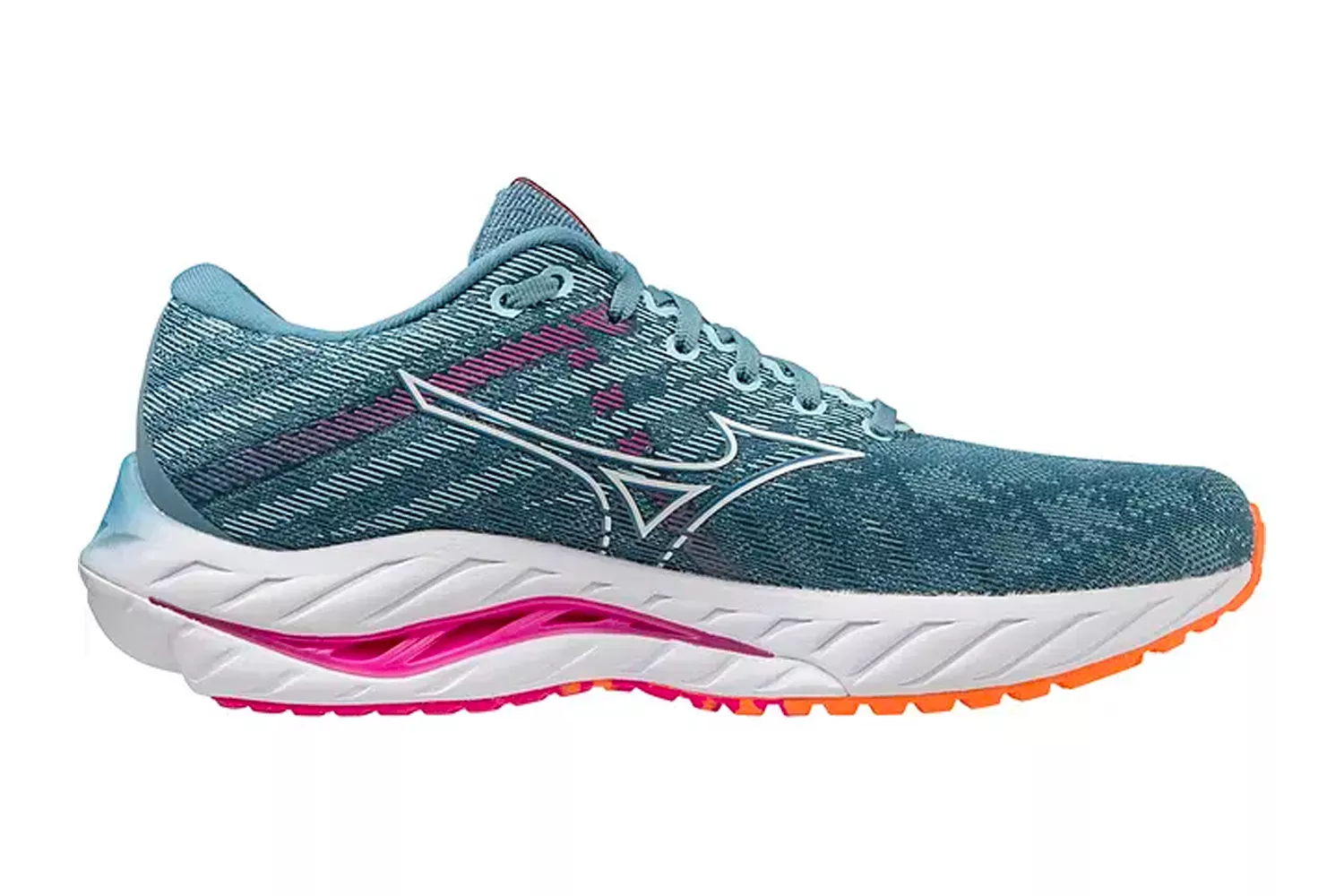 Mizuno Wave Inspire 19 running shoe with a teal knit upper and pink accents, showcasing its cushioned road running design.