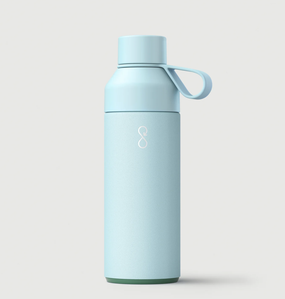 A sky blue reusable water bottle.