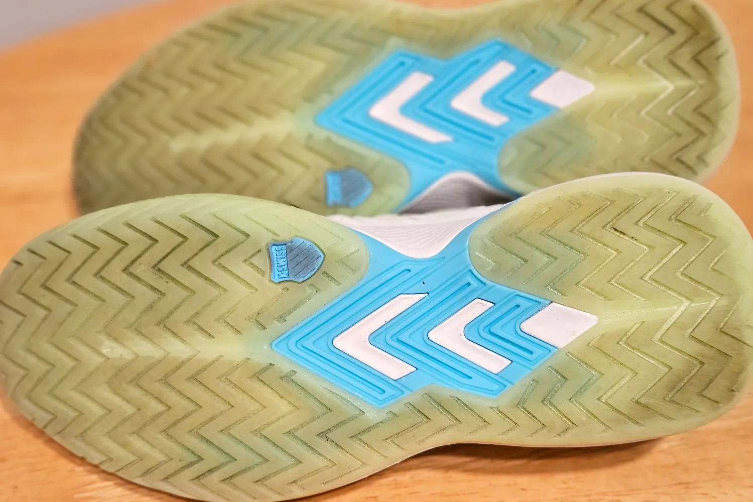 Macro shot of the zigzag herringbone tread pattern on a K-Swiss pickleball shoe sole.
