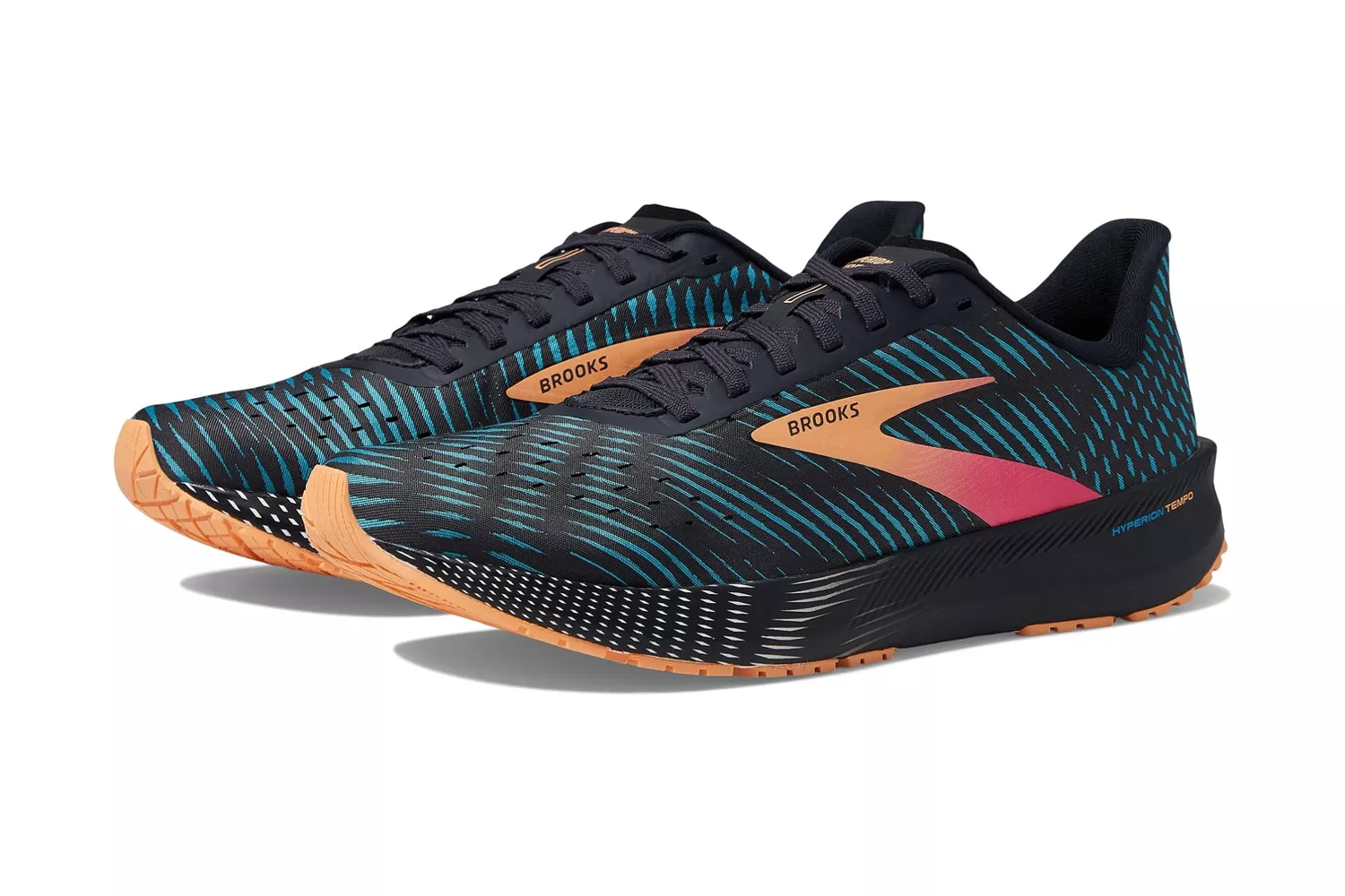 A pair of black Brooks Hyperion Tempo performance running shoes with teal and orange accents, highlighting a streamlined silhouette.