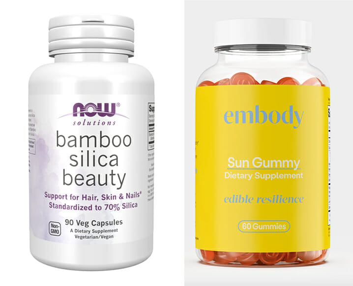 Heart-shaped pink beauty supplement gummies in a glass jar.