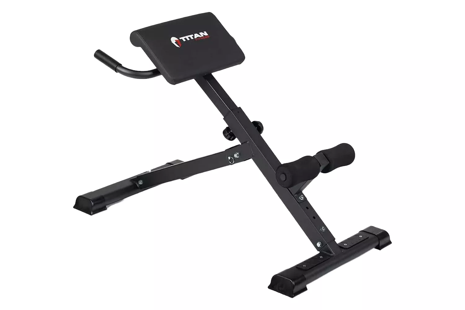 Titan Fitness back extension bench featuring 14-gauge steel and adjustable foot pads against a white background.