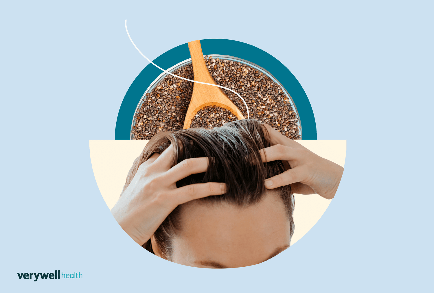 A split view showing a handful of raw chia seeds next to a person gently massaging the scalp with oil.