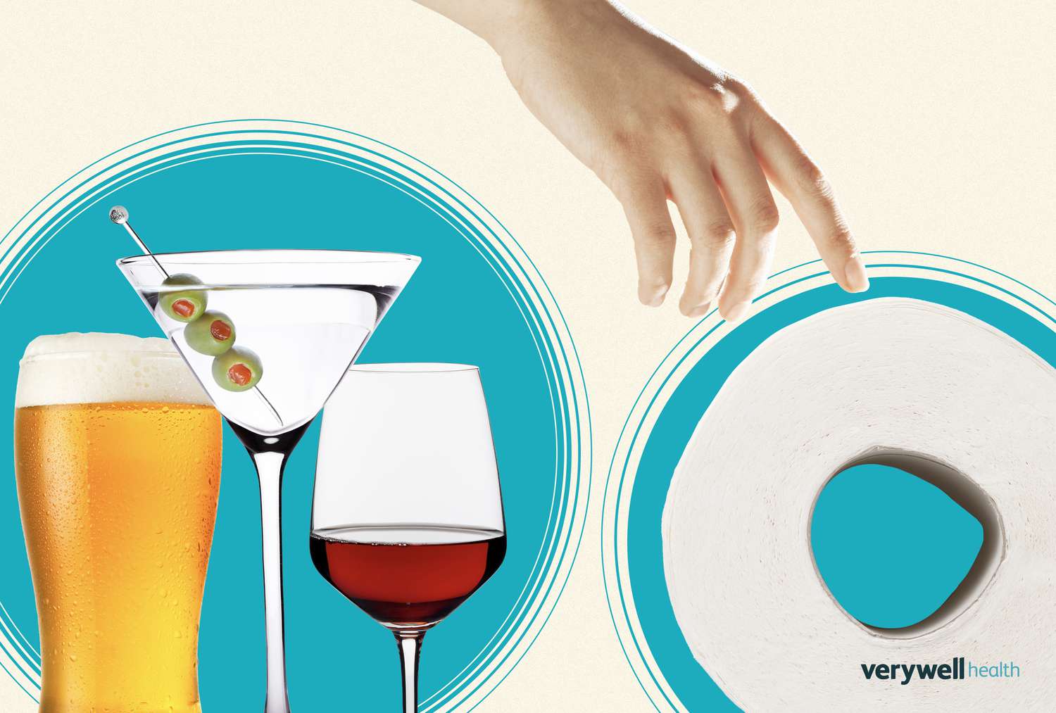 Photo illustration comparing various alcoholic beverages with a roll of toilet paper to symbolize gastrointestinal changes.