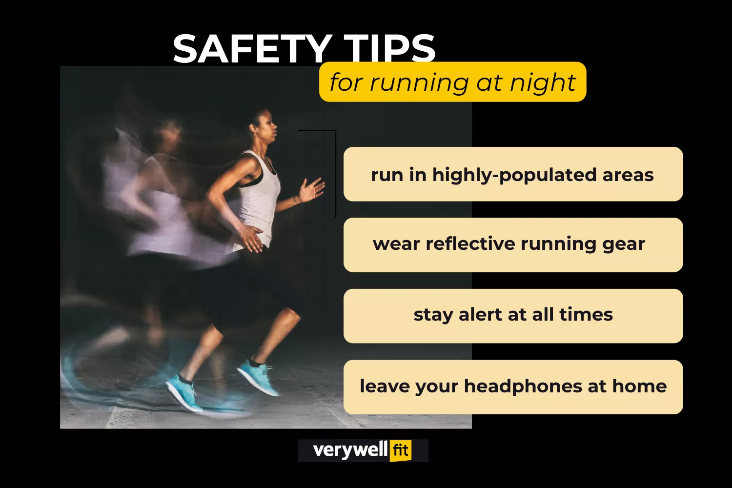 A woman running in an urban environment at night with safety tips overlaid.