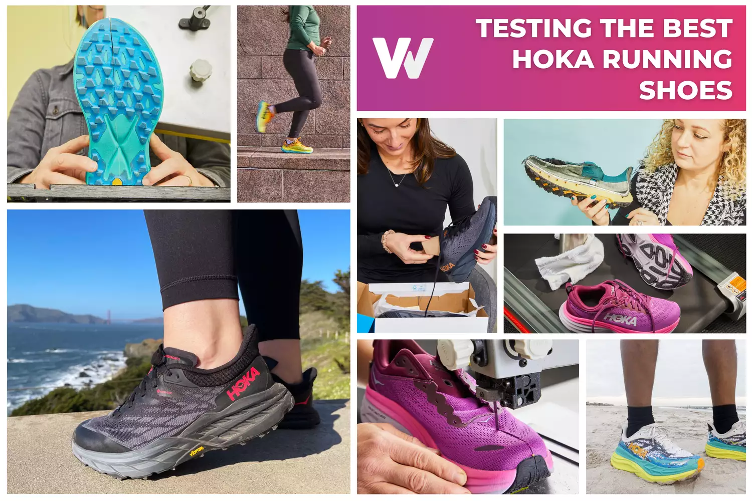 A collage showing various Hoka running shoes being tested on trails and indoor settings.