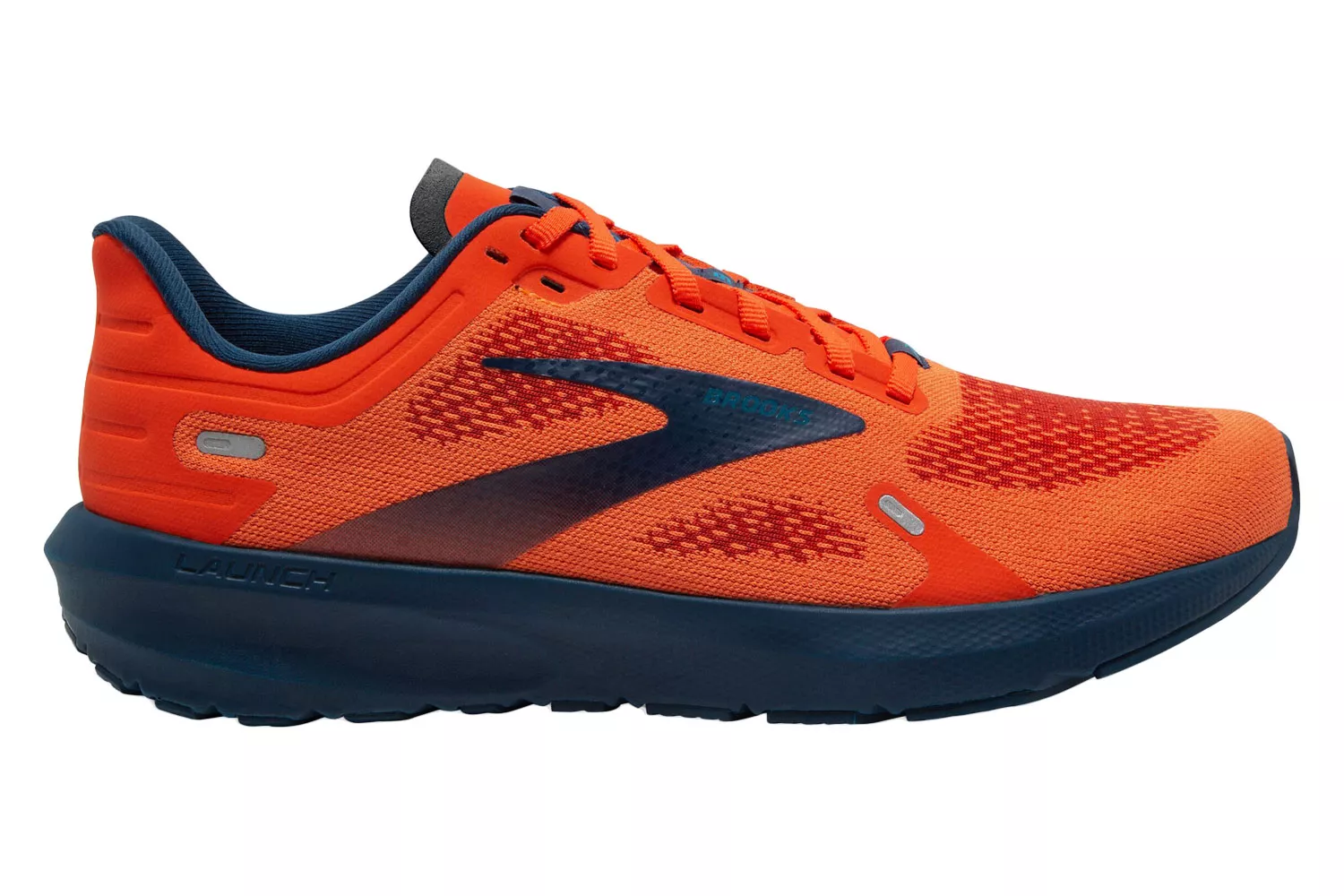 Side view of an orange and navy Brooks Launch 9 running shoe, highlighting its lightweight knit upper and athletic build.