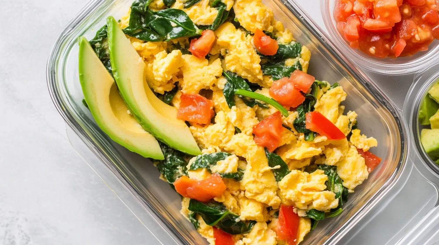 A meal prep container with scrambled eggs, spinach, and avocado.