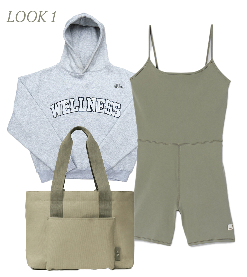 Two women wearing matching activewear sets in sage green and mocha brown.