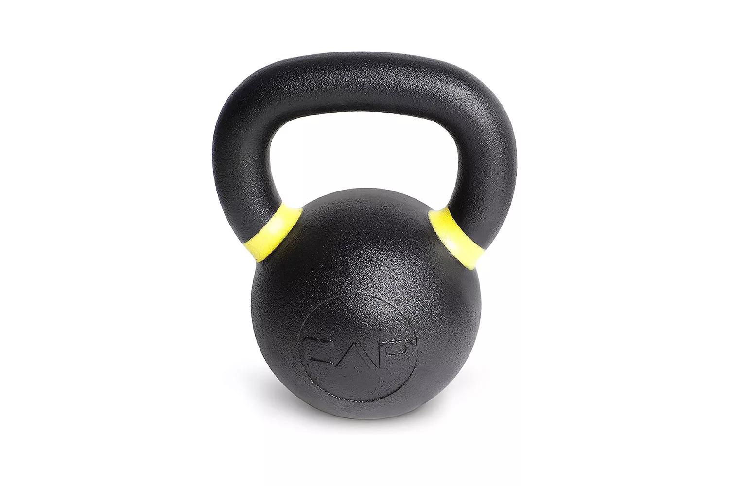 A black CAP Barbell cast iron kettlebell with yellow accents on a white background.