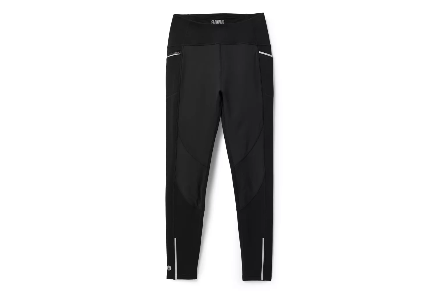 Black running leggings with reflective side stripes and pockets.