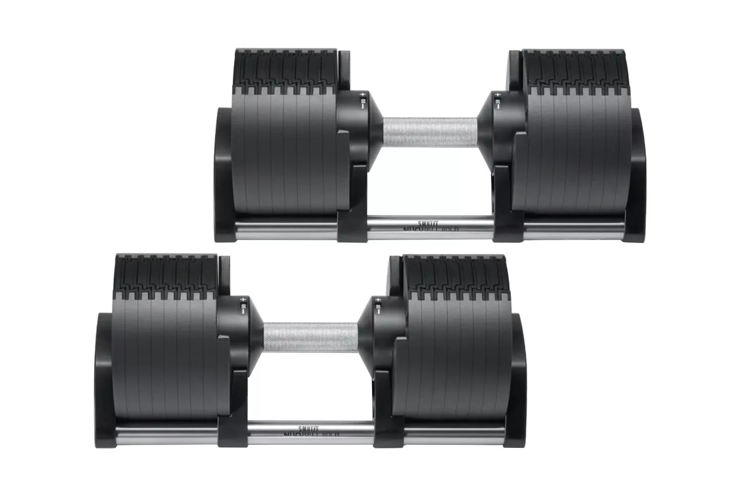 A pair of SMRTFT Nuobell adjustable dumbbells highlighting their sleek modular weight plates.