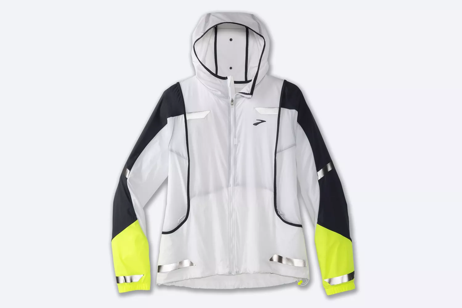A Brooks running jacket featuring neon yellow accents and reflective strips.