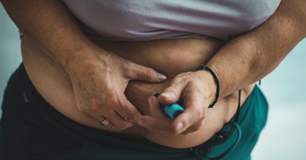 A close-up illustration of a subcutaneous injection being administered into the fatty tissue layer.