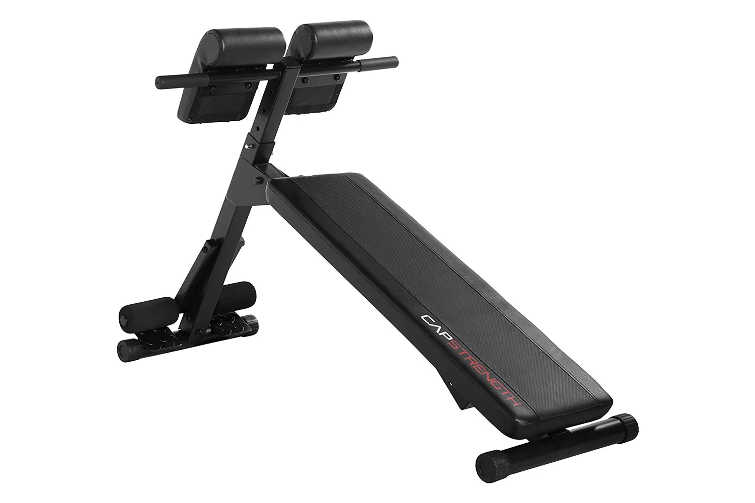 A compact and foldable CAP Strength hyperextension bench designed for small home gym spaces.