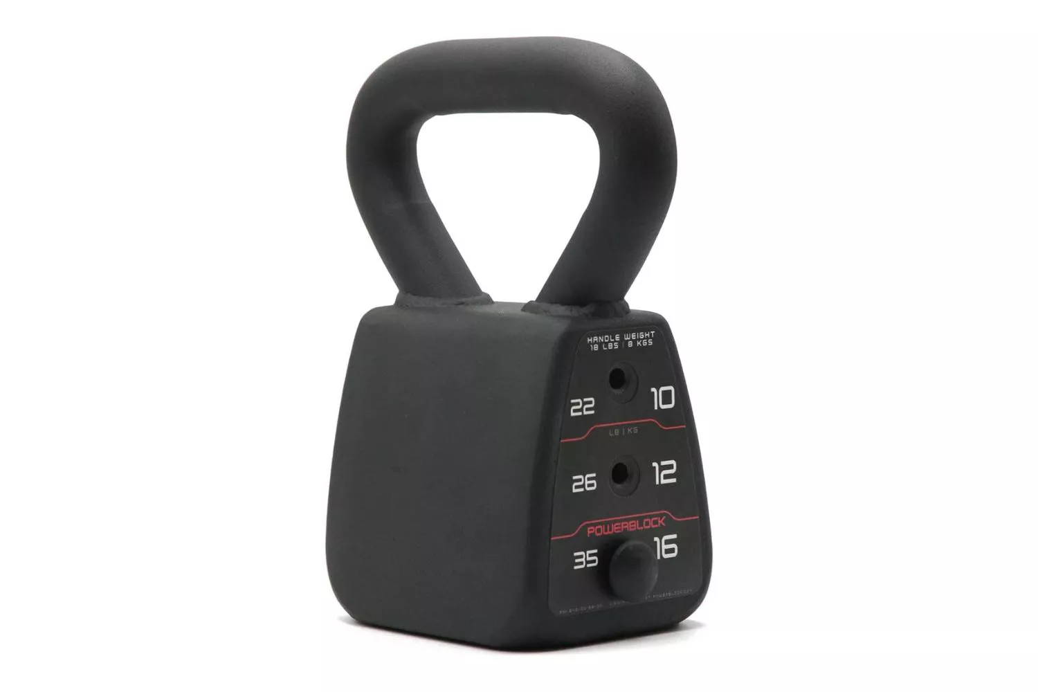PowerBlock adjustable kettlebell with a visible weight selection pin and foam-grip handle.