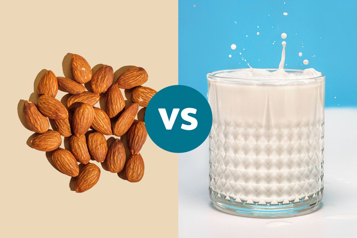 Side by side images of a small pile of raw almonds and a glass of almond milk